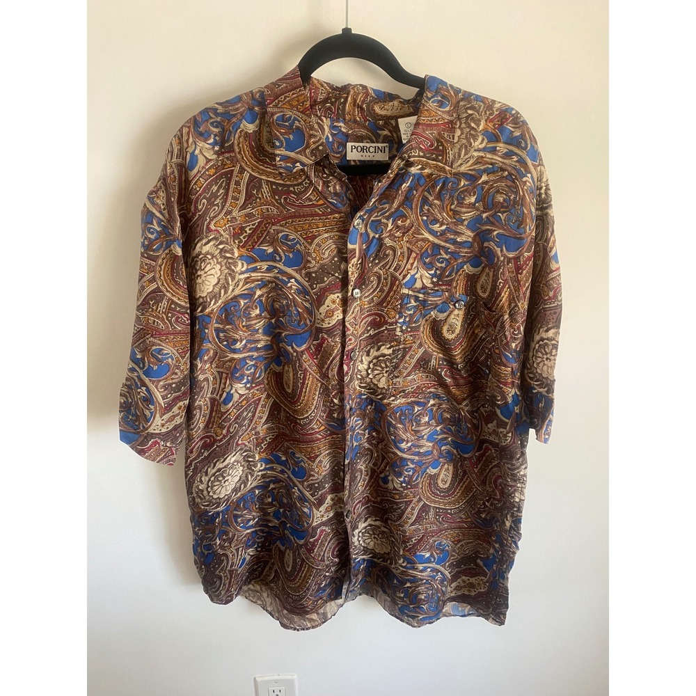 Porcini Silk Mens Large Short Sleeve Paisley Button Down Shirt Blue Brown Gold